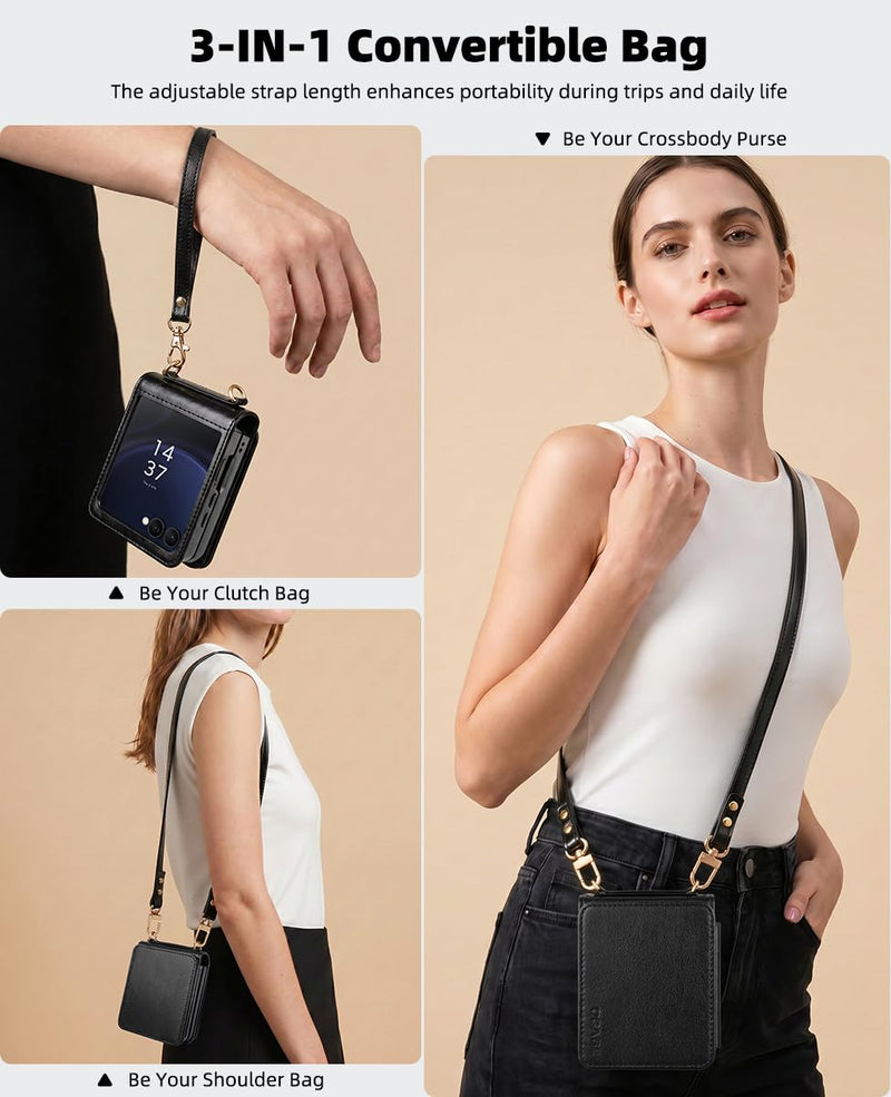 OCASE for Samsung Galaxy Z Flip8 Crossbody Wallet Case, Black | PU Leather Handbag Phone Purse, RFID Blocking, 4 Card Holders, Wrist Strap, Shoulder Strap, case for Z Flip 8 2026