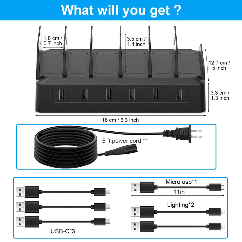 Charging Station for Multiple Devices, 6 Port USB Desktop Charger Dock Compatible with iPad, Samsung, Android, Tablet, Family Multi Phone Charging Organizer with Divider Holders, Fireproof ABS (Black) Black