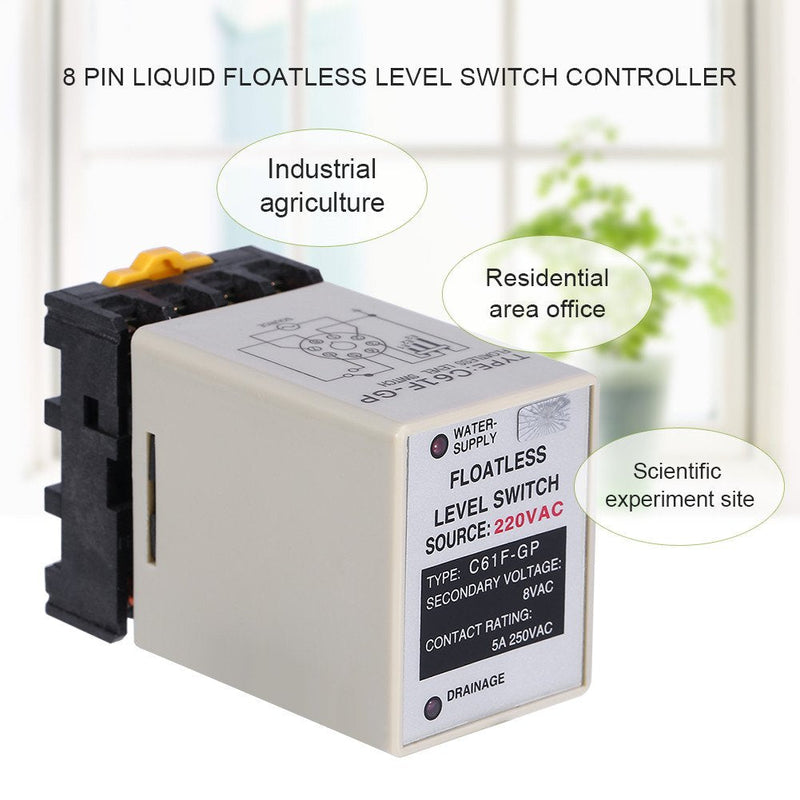 Liquid Water Level Sensor, Floatless Level Switch, C61F-GP AC220V 50HZ/60HZ Liquid Level Controller with Base for Water Industry