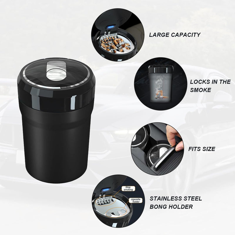 Car Ashtray with Lid, Easy Clean Up Detachable Smokeless Ashtray with LED Blue Light, Portable Mini Ash Tray Cup Holder for Car Home Office Travel, Interior Auto Accessories (Black, Larger) Black