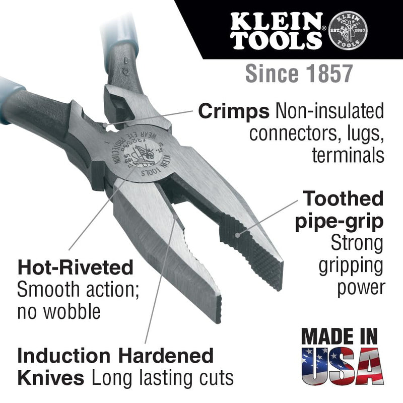Klein Tools J12098 Universal Combination Pliers with Crimping Die, Toothed Pipe Grip, Induction Hardened Knives