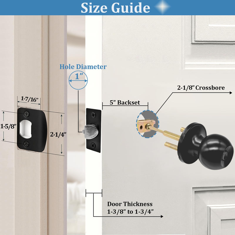 5" Backset Latch Keyed Entry Door Knob with Lock and Key, Standard Square Interface Entrance Ball Doors Knobset Lockset, Matte Black
