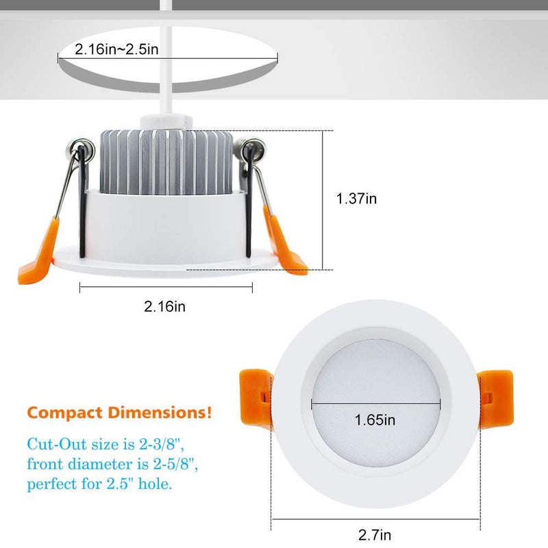 2 Inch LED Downlight, Recessed Lighting Dimmable Ceiling Light, 3W, 5500K Daylight White, CRI80 with LED Driver(35W Halogen Equivalent), 4 Pack White/4 Pack
