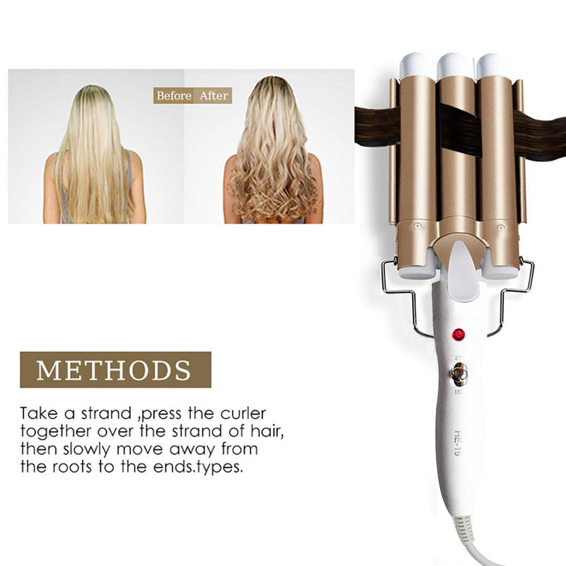 3 Barrel Hair Curler, 25mm Waver Iron With Adjustable Temperature Control for Long or Short Styling, Large Wave Ceramic Wide Crimpers, Gold