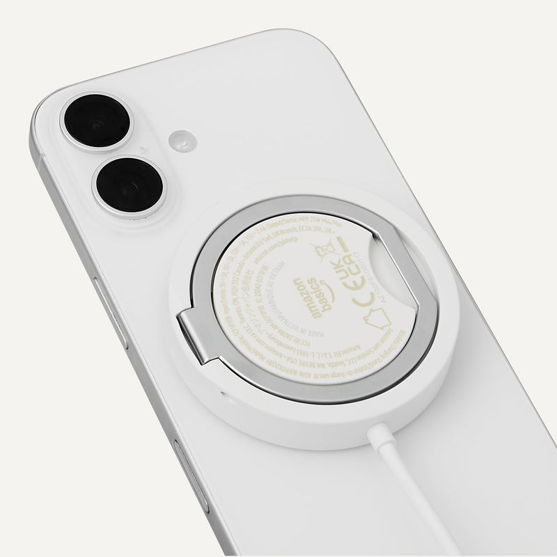 Amazon Basics 25W max. Qi2.2 Certified Wireless Charging Pad with kickstand,MagSafe Compatible for iPhone 17/Air/16/15/14/13/12, Magnetic Compatible for Android Smartphones,White(Adapter Not Included) White