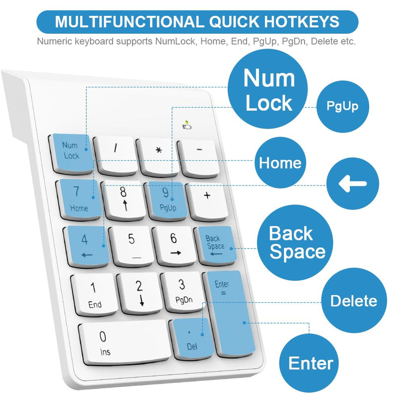 Wireless Numpad with Type C to USB Adapter, Numeric Keypad Number Pad Compatible with Laptops Computer Desktop MacBook Air Pro - 10 Key USB Keypad Office Accessories White