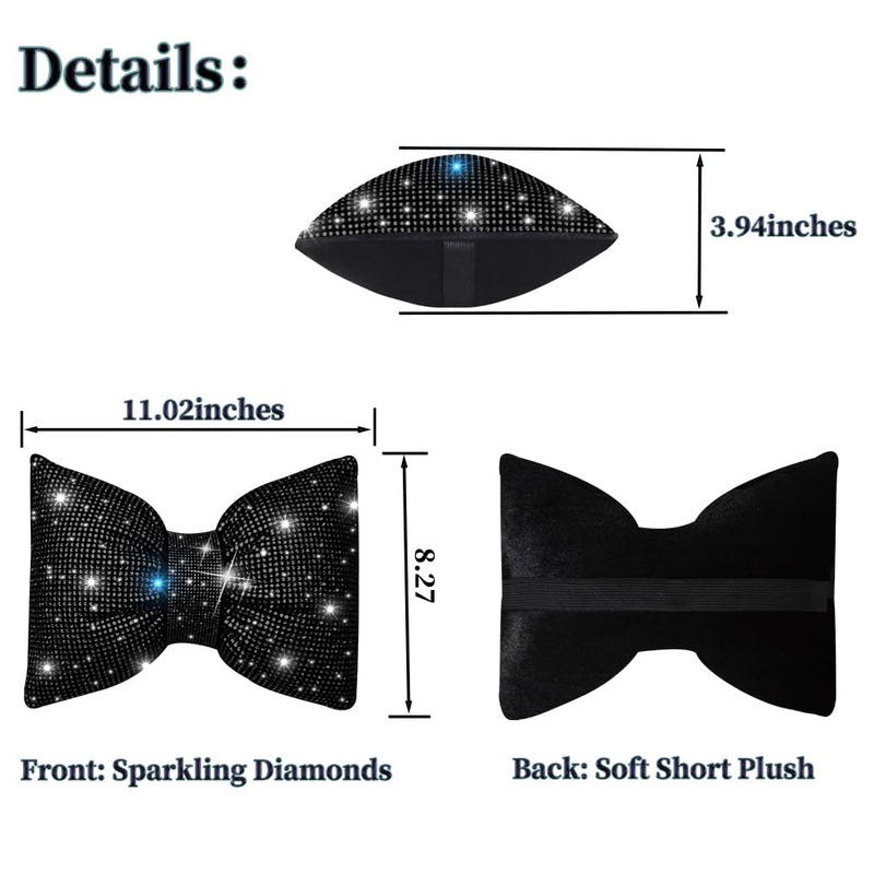 Car Headrest Pillow Bowknot Neck Support Pillow for Driver with Bow Tie Bling Diamond Head Neck Support Rhinestone Accessories for Girls and Women Black 2Pcs
