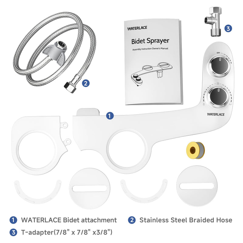 WATERLACE Bidet Attachment for Toilet Seat Water Pressure - Non Electric Bidets Self Cleaning Sprayer - Dual Nozzle Bidet Attachments Toilets Spray - Adjustable Bidets Wash Butt Cleaner for Bathroom White