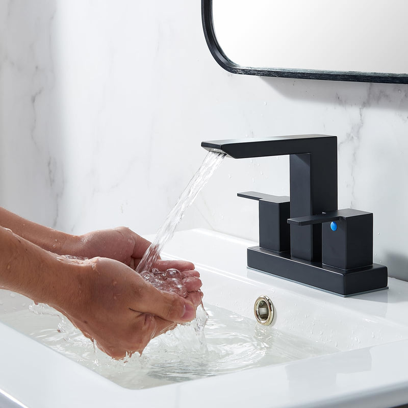 IKEBANA Matte Black Waterfall Bathroom Faucet, 4 inch 2 Handle 304 Stainless Steel Bathroom Sink Faucet, Modern Waterfall Spout Lead-Free Sink Faucets with Pop-up Drain and Supply Hoses, IK-QK2324