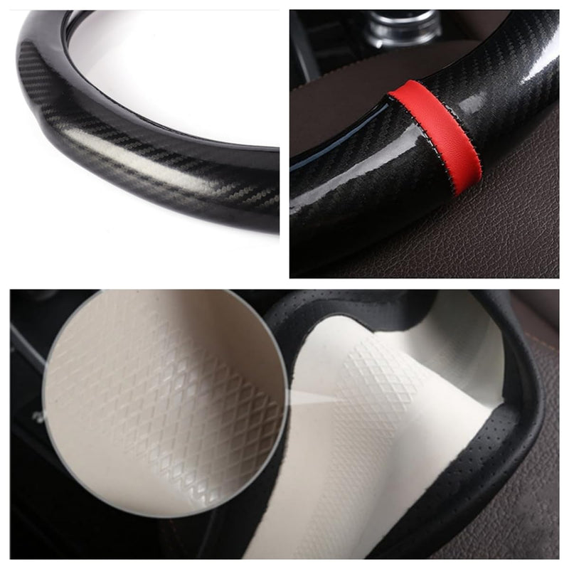 ZHOL 16 inch Steering Wheel Cover Carbon Fiber, Compatible Large-Size for F150 F250 F350 Ram 4Runner Tacoma Tundra Range Rover Model Car Accessories for Women Men Black Large Size[15.5"-16"]