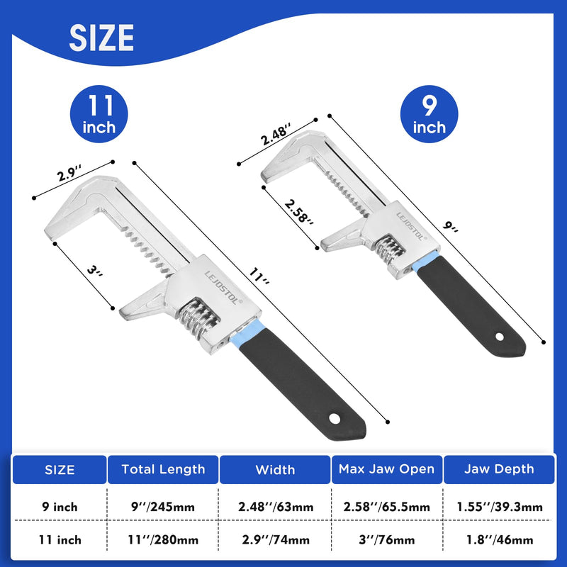 9 & 11" Adjustable Automotive Wrench Set, Wide Jaw Opening up to 3 Inch, Ideal for Versatile Use in Auto, Construction, and Home Repairs 9 & 11 inch