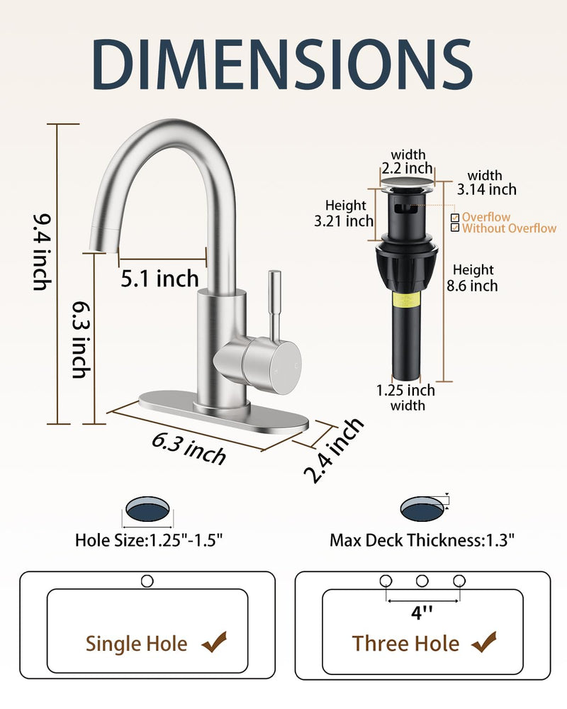Fransiton Bathroom Faucets, Bar Sink Faucet Single Hole for Bathroom Kitchen Campers with Pop-Up Drain Hose, Suitable for Farmhouse Vanity Lavatory Brushed Nickel Classic
