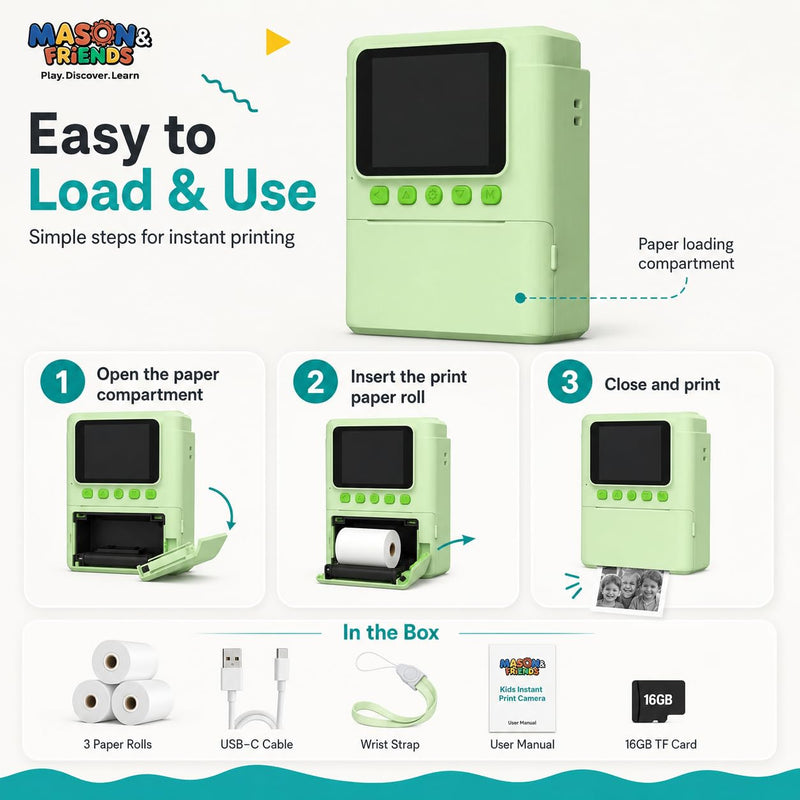 Mason & Friends Kids Print Camera Gift Set, 1080P Video, 16X Digital Zoom, Easy-to-Use Design for Boys and Girls Ages 3-12 Green