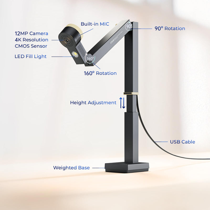 CZUR Fancy S Pro USB Document Camera for Teacher, 12MP 4K Webcam with Microphone and LED Light, Up to 60fps, Auto Focus, for Remote Teaching, Web Conference, for Mac and Windows, Black