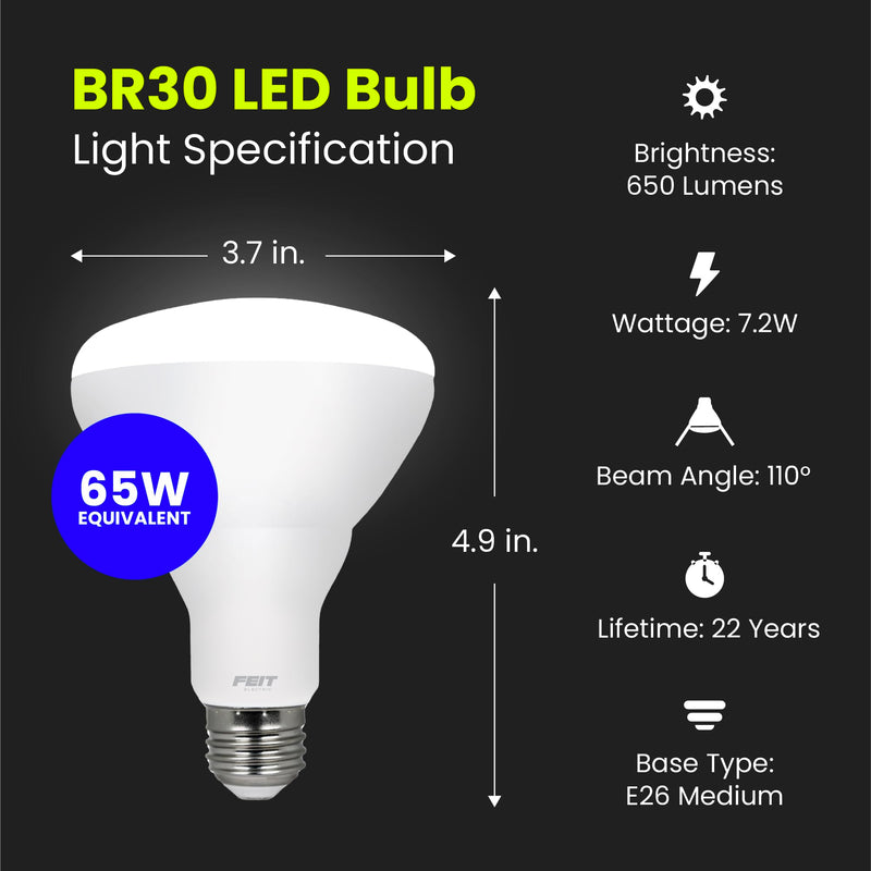 Feit Electric BR30 LED Light Bulb, 65W Equivalent, Dimmable, 650 Lumens, E26 Standard Base, 2700K Soft White, 90 CRI, Recessed Can Light Bulbs, 22-Year Lifetime, BR30DM/927CA/6, 6 Pack