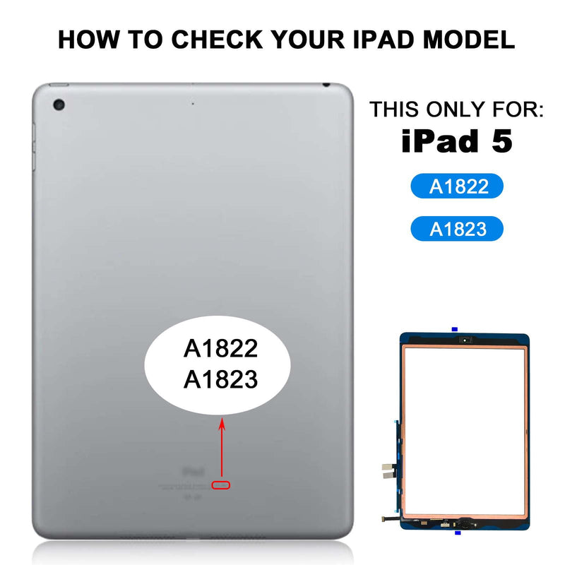 for iPad 5th Generation Screen Replacement Glass Touch Digitizer 9.7", for iPad 9.7 (2017) A1823 A1822 Touch Glass with Home Button [NO Fingerprint Reader] [Black]