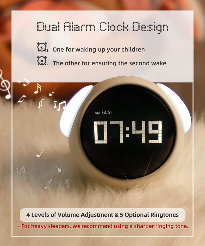 Kids Alarm Clock, Dual Alarm Setting, Adjustable Brightness Night Light, Voice-Activated,Temperature Detection, Wake-up Alarm Clock, Toy and Gift for Toddler, Children, Students, Boys&Girls Gray