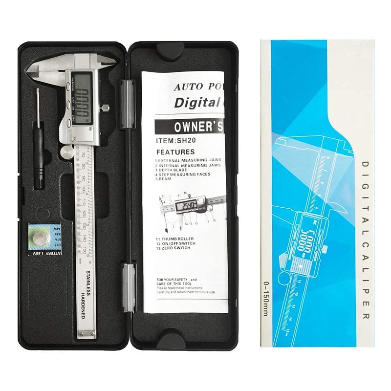 Digital Caliper, Caliper Measuring Tool with Stainless Steel, Electronic Micrometer Caliper with Large LCD Screen, Auto-Off Feature, Inch and Millimeter Conversion (6 Inch/150 mm) silver Digital Caliper