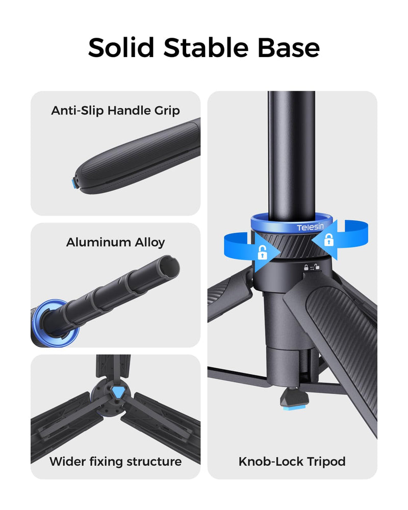 TELESIN 0.1s Auto Open Mini Selfie Stick Tripod for DJI Osmo Pocket 3 4 | 65 cm/25.5in Tripod Compatible with Insta360 Luna Ultra Xtra Muse Action Camera Accessories, Cold Shoe Mount, 360° Ball Head 65cm Selfie Stick Tripods (1/4" Bolt Adapter)