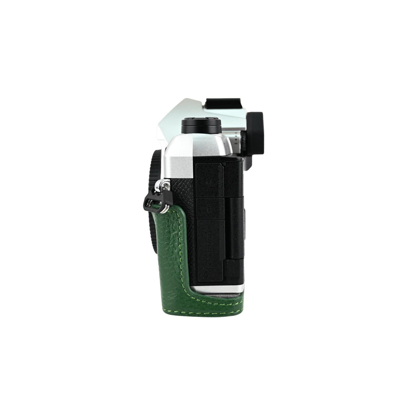 OM-5 Mark II Case, Litchi Handmade Genuine Real Leather Half Camera Case Bag Cover for Olympus System OM-5 Mark II Bottom Opening Version + Neck Strap (Green) Green