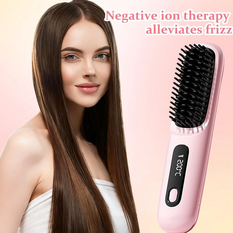Glow Wave Heated Brush, 2026 Cordless Heated Brush for Short Hair, 3 Heat Settings & LED Screen, Portable & Rechargeable Heated Styling Brushes for Frizz-Free Styling, Travel & Everyday Use