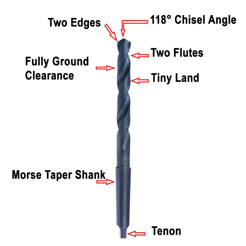 MAXTOOL 3/4" Twist Drill Bits with Morse Taper Shank HSS M2 Taper Shank Drill Bits Black Oxide MT No 2; TS02B05R48 3/4"