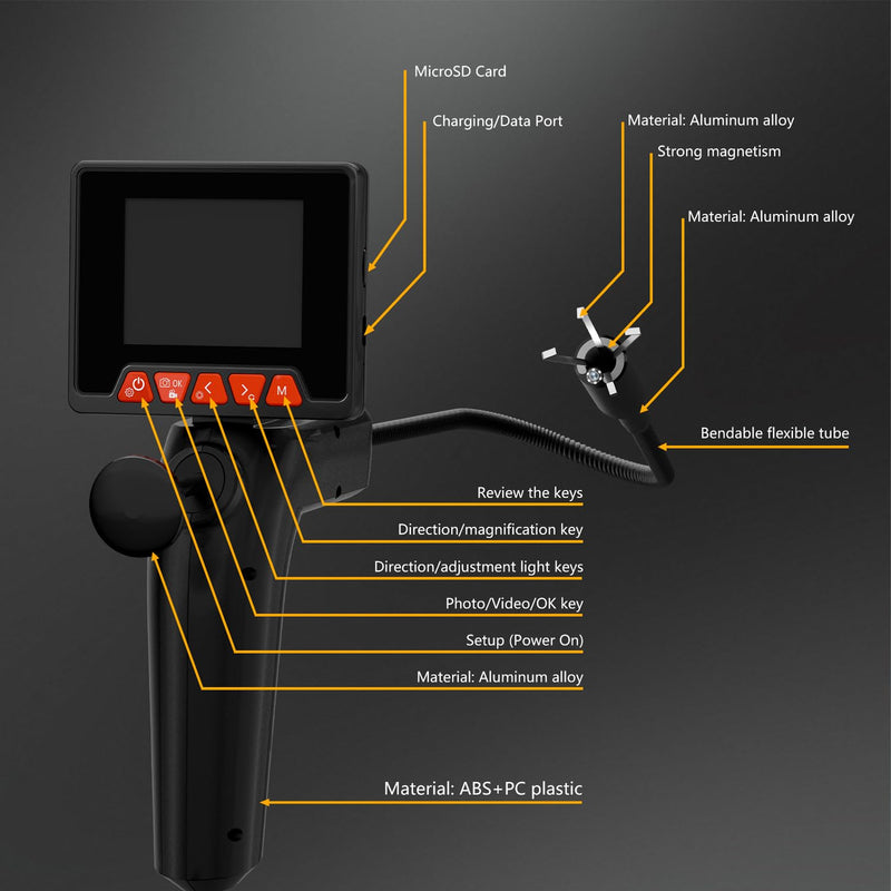 Endoscope Camera with Light and Grabber, Sewer Borescope Inspection Mirror with Magnetic Pickup, Drain Snake Scope for Automotive Repair & Pipe Cleaning, IP67 Waterproof, 6 LED, 19.7-Inch deep black