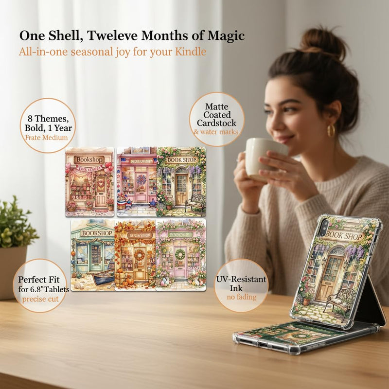 8PCS Seasonal Bookshop Kindle Insert Cardstock for Clear Case, Aesthetic Bookstore Back Inserts for E-Reader, Holiday & Year-Round Designs for 6.8'' Devices, Book Lover Accessories Gift Seasonal Bookshop Insert for Kindle Case