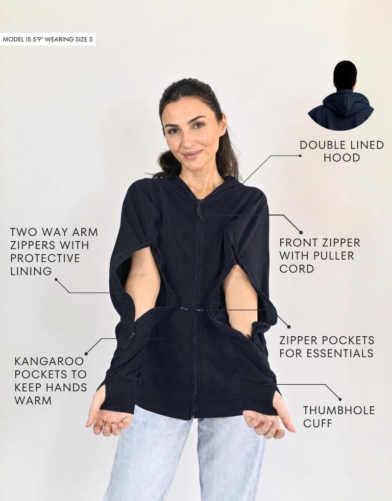Inspired Comforts Unisex Dialysis & IV Access Hoodie – Dual Arm Zippers, Thumbhole Sleeves & Pockets Black Medium