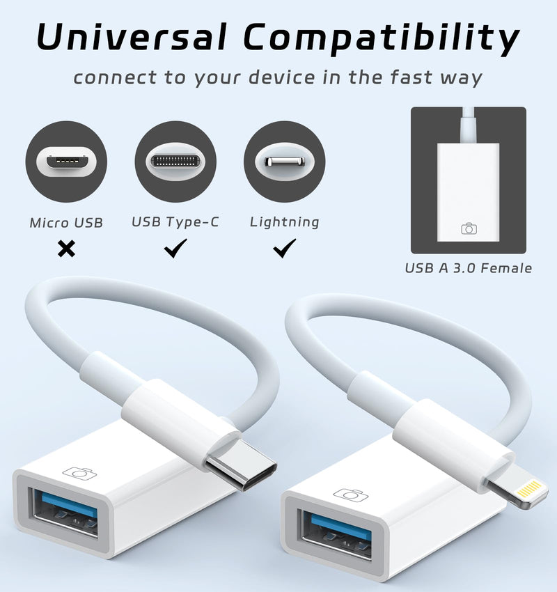 [2 PACK] Lightning to USB Camera Adapter for iPhone 14/iPad + USB C to Female USB OTG Cable Adapter for iPhone 15/Samsung, Compatible with USB Flash Drive, Keyboard, Mouse, MIDI, Hubs