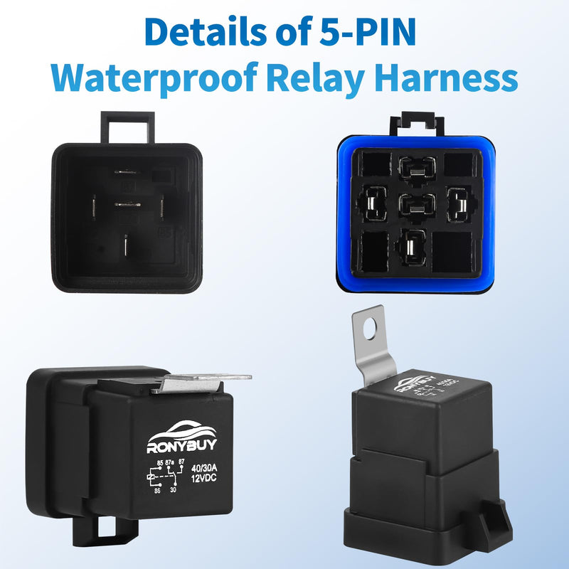 5-Pin Waterproof Relay Kit 40/30 AMP 12V Relay Switch with Harness 12&16 AWG Tinned Copper Wires, SPDT Automotive Relay Kit for Horns Starters Radiator Motor Fans Boats, Pack of 2