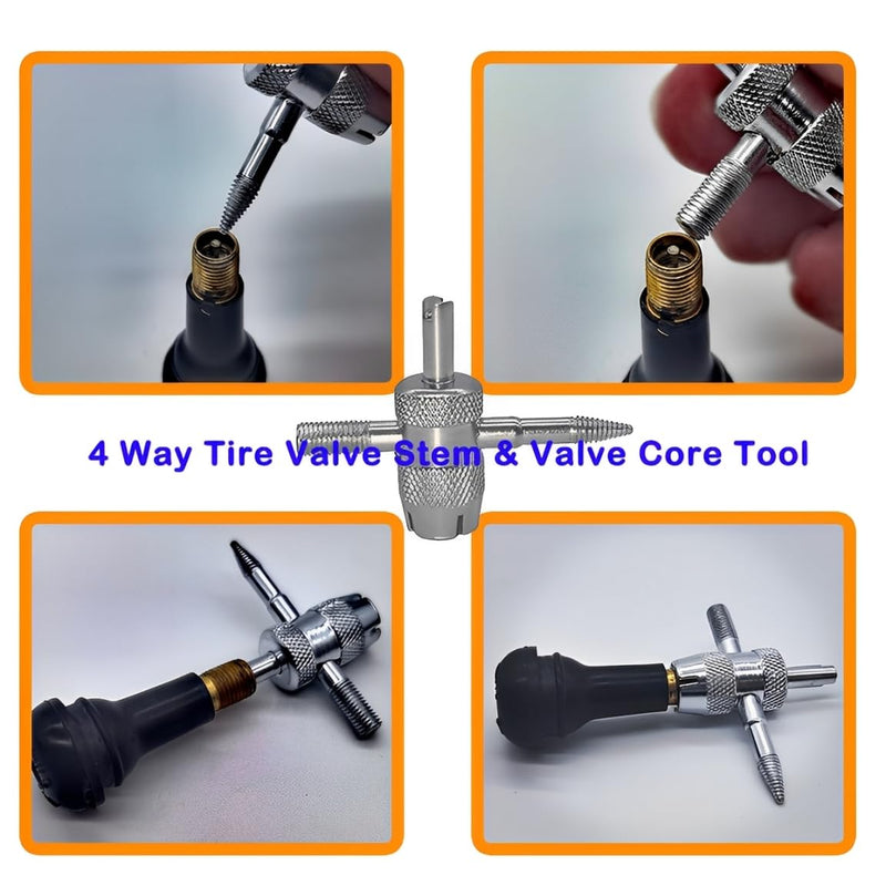 Valve Stem & Core Removal Replacement Tool Kit,Tire Valve Stem Installation Tool without Tire Removal, 2-in-1 Valve Stem Caps & Core Wrench,With 5 TR413/5 TR414, for Cars Motorcycles Lawn Mowers ATVs