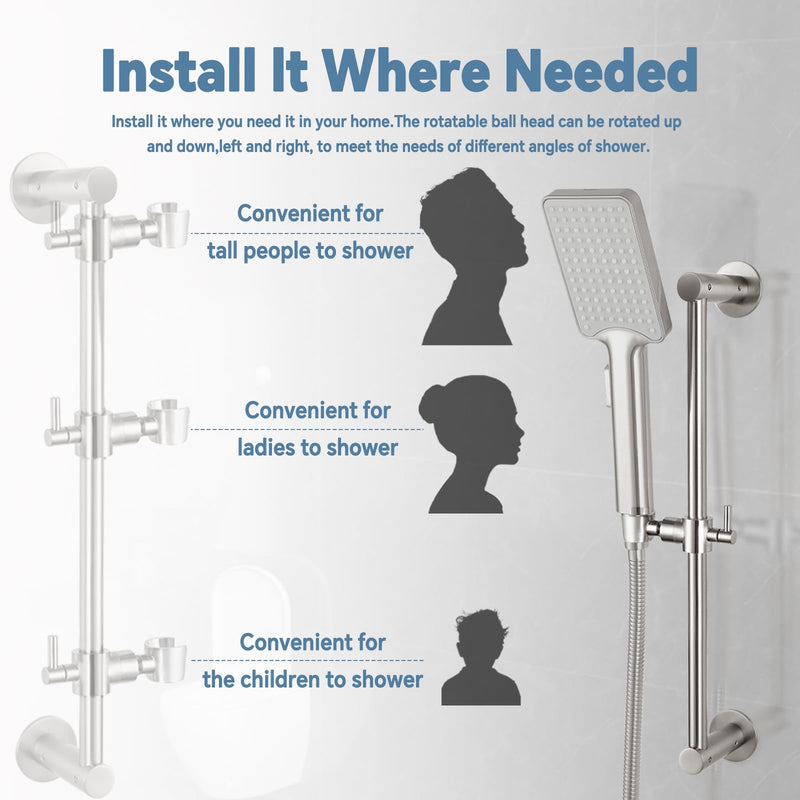 Shower Slide Bar Adjustable Handheld Shower Head Holder Wall Mount - 15inch All-Metal Shower Head Slide Bar Compatible with Bathroom Drill Free Glue Installation - Brushed Brushed-Nickel