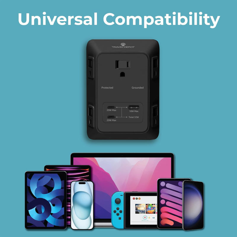 Travel Depot PD USB Wall Charger Surge Protector, 5 Outlet, (Black) | Extender 2 USB C & 1 USBA Charging Ports, Fast Charge 3 Sided Power Strip Multi Plug Outlets Wall Adapter for Home Office Black