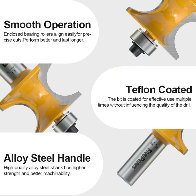 Fivepears 5Pcs Bullnose Router Bit Set 1/2 Shank, Bearing Half Round Router Bits for Woodworking, Carbide Tipped Edge Bits ,1/10" Minor Cutting Length, Radius 1/8", 3/16", 1/4", 5/16", 3/8" 5 Bits Set - 1/2" Shank