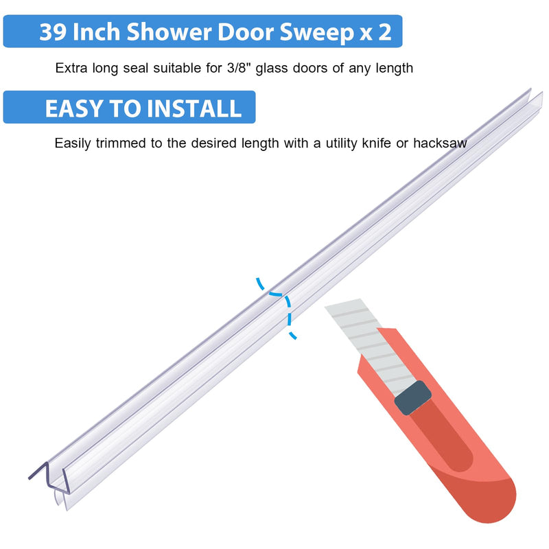 2-Pack Butecare Frameless Shower Door Bottom Seal for Glass Doors – Stop Shower Leaks and Create a Water Barrier (3/8” x 39”) Bottom sweep -3/8''
