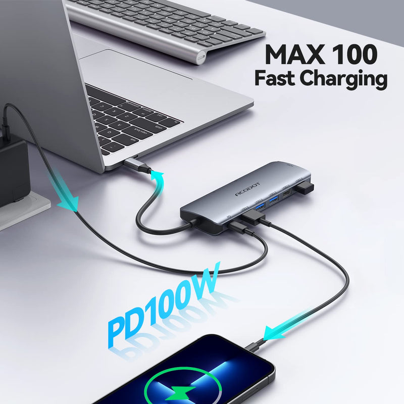 USB C Hub, Acodot 9 in 1 Type C Hub Adapter Portable Docking Station Aluminum Dongle Compatible with MacBook Pro/Thunderbolt 3 Laptops of Type C Devices, with 4K HDMI/ 5 USB Ports/ 100W PD/SD/TF 4K30HZ
