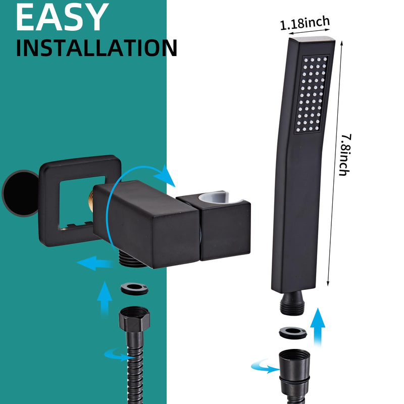 Bathroom Square Matte Black Solid Brass Hand Held Shower Head With Wall Connector and Hose System Wall Mount Handheld Showerheads Set