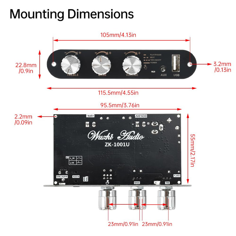 ZK-1001U Mono Amplifier Board, Bluetooth 5.3 100W TPA3116D2 Audio Amp Module with TWS, Treble Bass Control, USB AUX Input, DC 9-24V for Car DIY Home Outdoor Speakers