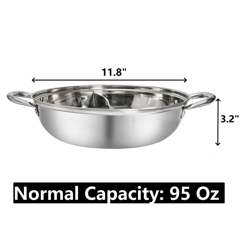 Peohud 304 Stainless Steel Hotpot Pot with Divider, 12 Inches Double-flavor Shabu Shabu Pot with Ladle and Slotted Spoon, Dual Sided Soup Cookware for Induction Cooktop Gas Stove