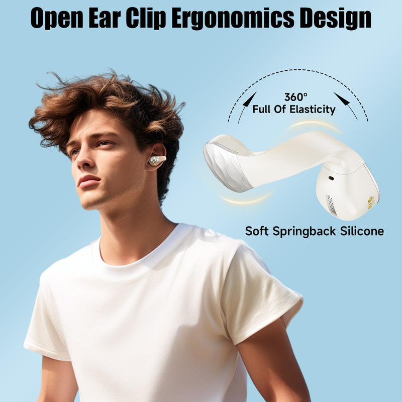 aigo Wireless Earphones Bluetooth Earbuds, Open Ear Clip Headphones for iPhone/Android/Computer, Sport Ear Buds Built-in Mic, Noise Canceling, Waterproof, Wireless Charging, Off White Headset
