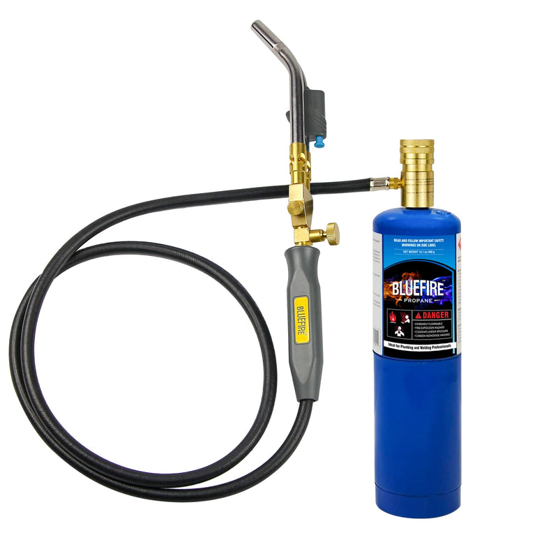 BLUEFIRE HZ-8150 Double Heads Swirl Flame Self-Ignition Hosed Turbo Torch 5' long Hose Trigger Start MAPP MAP Propane Welding Blowtorch Nozzle for brazing large diameter copper pipes, Torch Only Hosed Torch Only