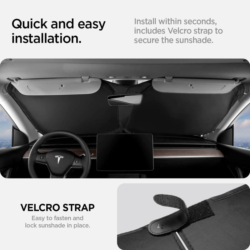 Spigen Front Windshield Sunshade for All Tesla Model Y & 3 2025/24/23 [Compatible with Model Y Juniper 2025/26 & Model 3 Highland 2024/25] (Triple-Coated with Reinforced Velcro Strap) Model 3/Y