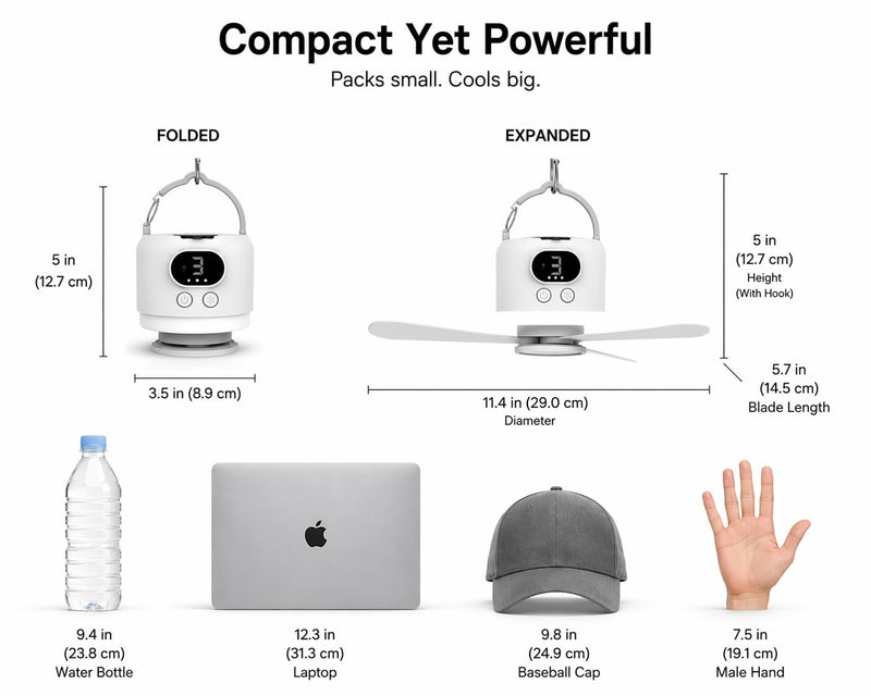 Camping Tent Fan with Light, Rechargeable Hanging Fan with Remote | 10400mAh Rechargeable Battery, USB-C Charging, 3 Speeds, Timer, LED Light, Tent, RV & Outdoor Use White