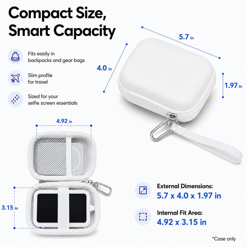 Boobowl Hard Case for Insta360 Snap Selfie Screen with Light, White | Soft Lining, Elastic Strap and Mesh Pocket Organize Screen, Power Bank and Cables for Travel and Vlogging, Case Only