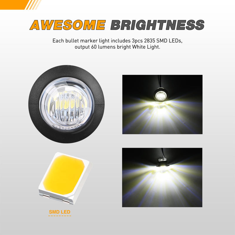 GOOACC 3/4 Inch Bullet Side Marker Light 10PCS White Round Clearance LED Front Rear Indicator Light for Trailer Van Caravan Boat Truck RV Car Bus