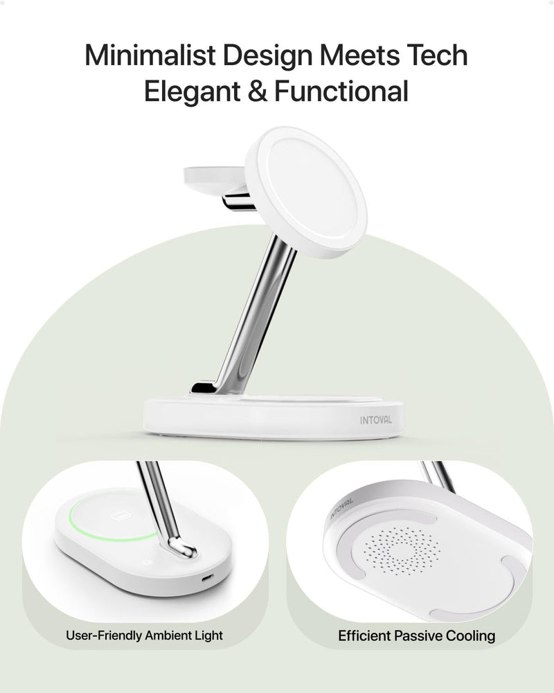 Intoval Fast Charging Station for Magsafe Apple Devices, Wireless Charger for MagSafe iPhones, 3 in 1 Magnetic Charger Stand for iPhone16/15/14/13, Apple Watch & AirPods.(White) White