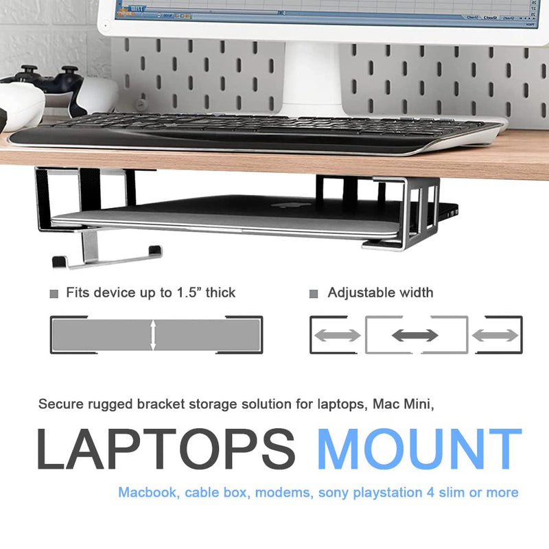 IFCASE Under Desk Laptop Mount & Headphone Holder with Adhesive & Screw, Hard Aluminum Under Table Desk Holder for Laptop, Mac Mini, MacBook Pro (Silver) Silver (with Hook)