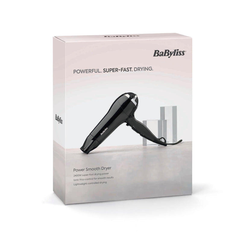 BaByliss Power Smooth Hair Dryer - Powerful and Lightweight, 2400W Fast Drying, Ionic for Frizz-Control, 3 Heat & 2 Speed Settings Plus Cool Shot, Black, 5736CU Single
