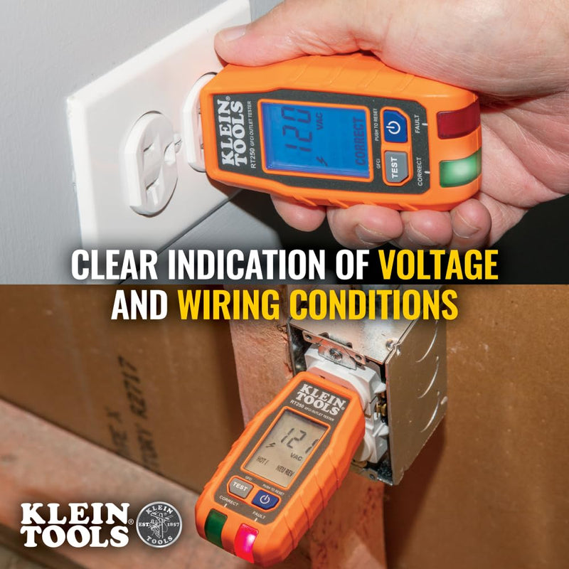 Klein Tools RT250 GFCI Outlet Tester with LCD Display, Electric Voltage Tester for Standard 3-Wire 120V Electrical Receptacles Receptacle Tester